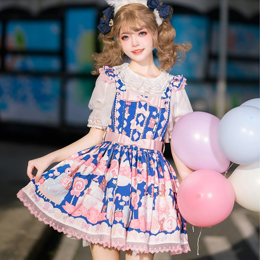 Kawaii Sweet Cartoon Bear Cake Printed Lolita Overalls Dress