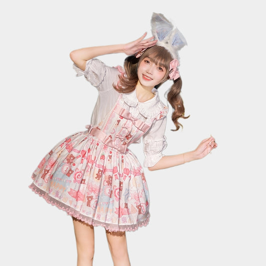 Kawaii Sweet Cartoon Bear Cake Printed Lolita Overalls Dress