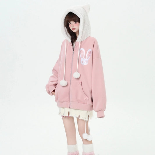 Kawaii Sweet Cartoon Cheese Bunny Print Hooded Sweatshirt