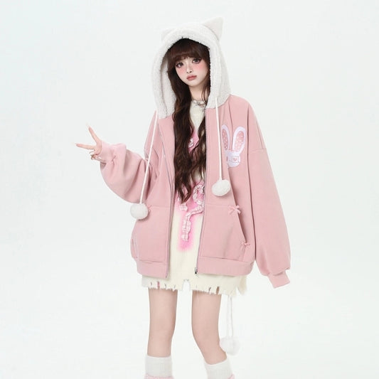 Kawaii Sweet Cartoon Cheese Bunny Print Hooded Sweatshirt