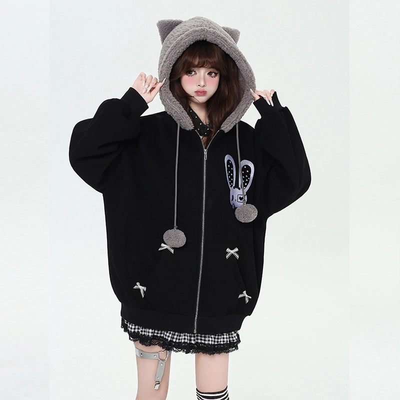 Kawaii Sweet Cartoon Cheese Bunny Print Hooded Sweatshirt