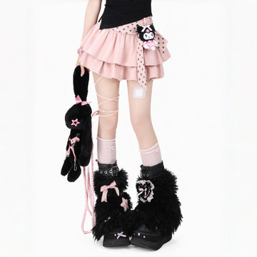 Kawaii Sweet-Cool Y2K Polka Dot Bow High-Waist Irregular Layered Mini Skirt