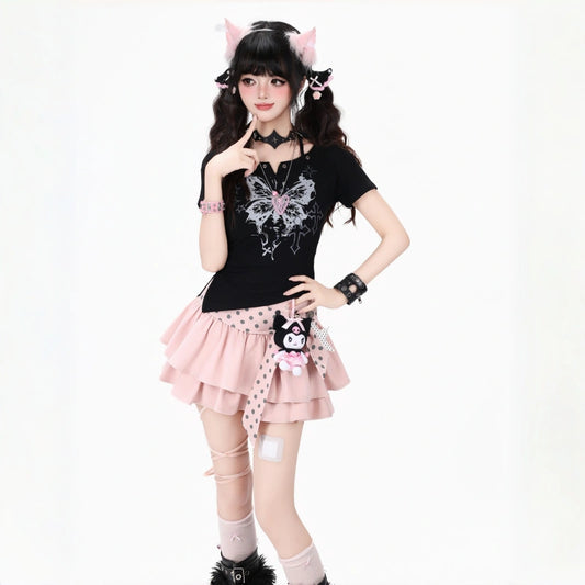 Kawaii Sweet-Cool Y2K Polka Dot Bow High-Waist Irregular Layered Mini Skirt