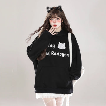 Kawaii Sweet Girl Style Black Cartoon Cat Embroidered Sweatshirt