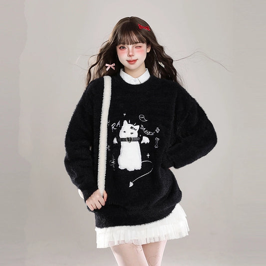 Kawaii Sweet Girl Style Cartoon Cat Embroidered Sweater