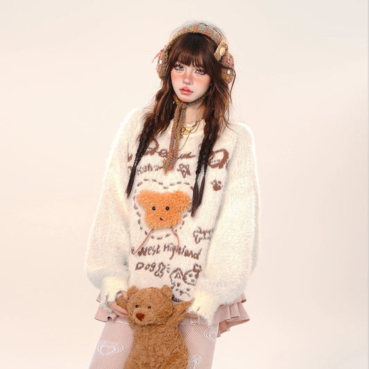 Kawaii Sweet Girl Style Cartoon Cream Bear Embroidered Sweater