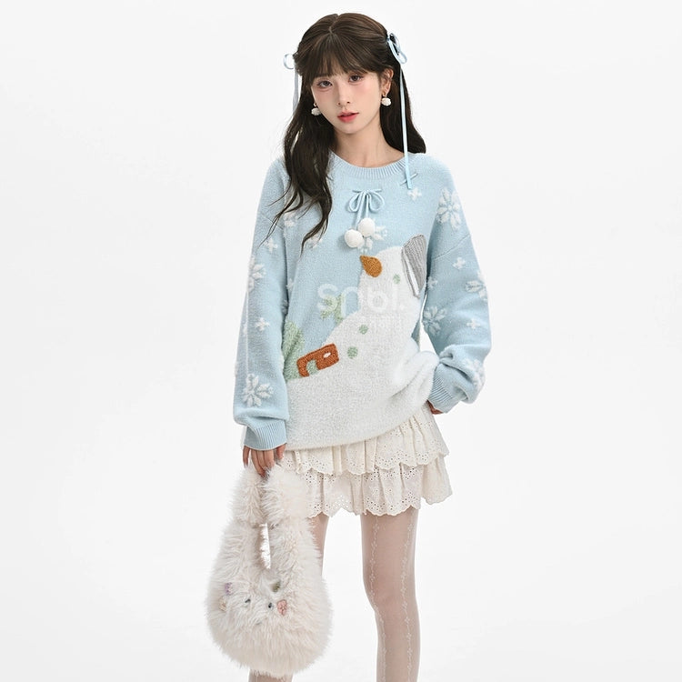 Kawaii Sweet Girl Style Cartoon Snowman Embroidered Sweater