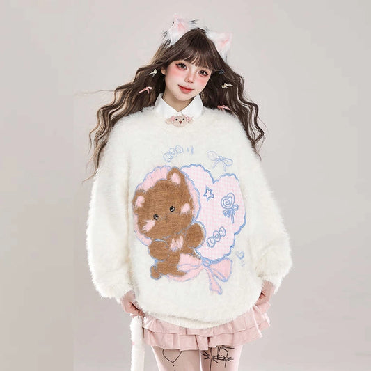 Kawaii Sweet Girl Style Cute Bear Round Embroidery Pullover Sweater