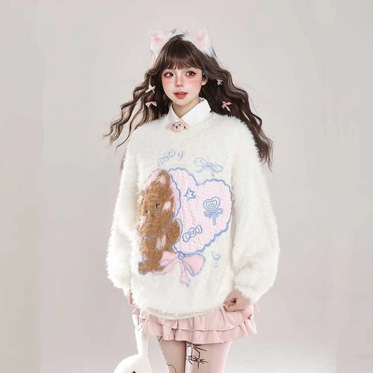 Kawaii Sweet Girl Style Cute Bear Round Embroidery Pullover Sweater