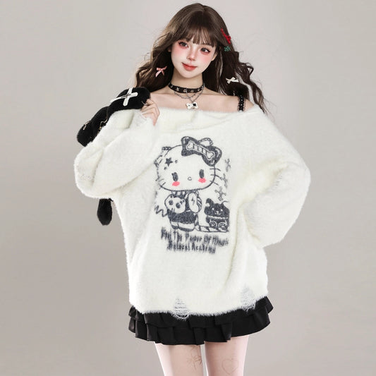 Kawaii Sweet Girl Style Hello Kitty Print Off-Shoulder Sweater