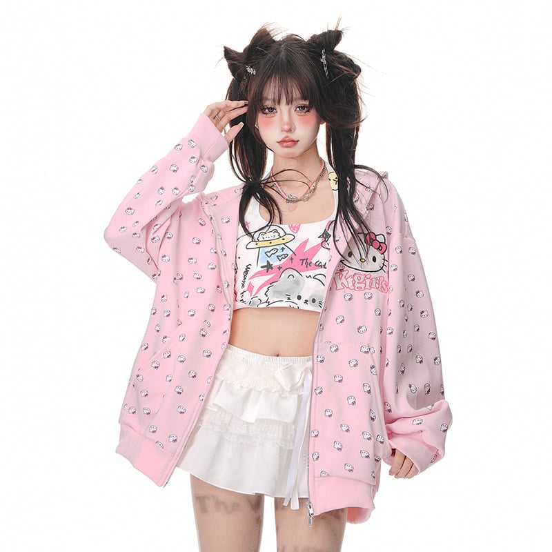 Kawaii Sweet Girl Style Hello Kitty Printed Hooded Coat