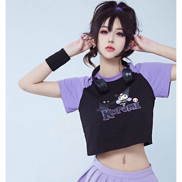 Kawaii Sweet Girl Style Kuromi Print Short T-shirt