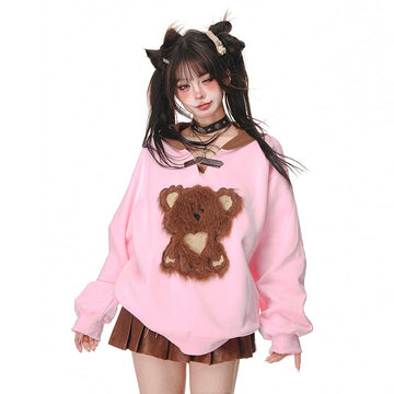 Kawaii Sweet Girl Style Pink Bear Embroidery Hooded Sweater