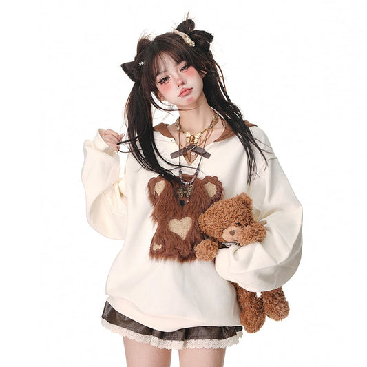 Kawaii Sweet Girl Style Pink Bear Embroidery Hooded Sweater