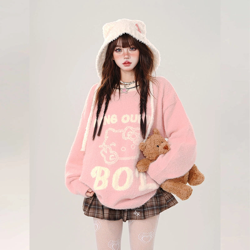 Kawaii Sweet Girl Style Pink Hello Kitty Embroidered Sweater