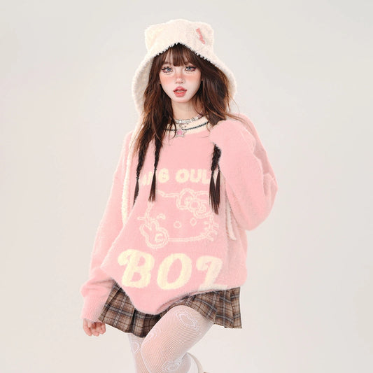 Kawaii Sweet Girl Style Pink Hello Kitty Embroidered Sweater