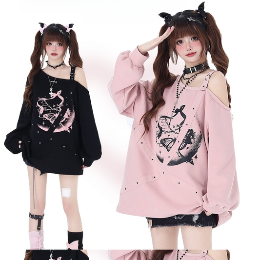 Kawaii Sweet Girly Style Off-shoulder Strappy Sweatshirt