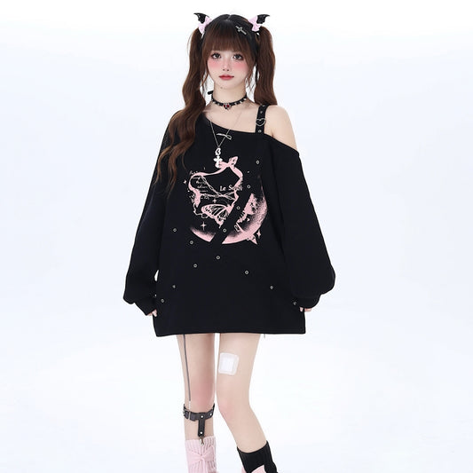 Kawaii Sweet Girly Style Off-shoulder Strappy Sweatshirt