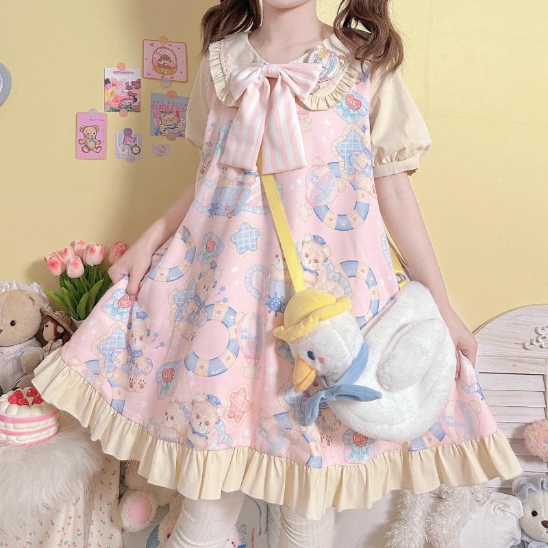 Kawaii Sweet Style Cartoon Navy Bear Print Lolita OP Dress