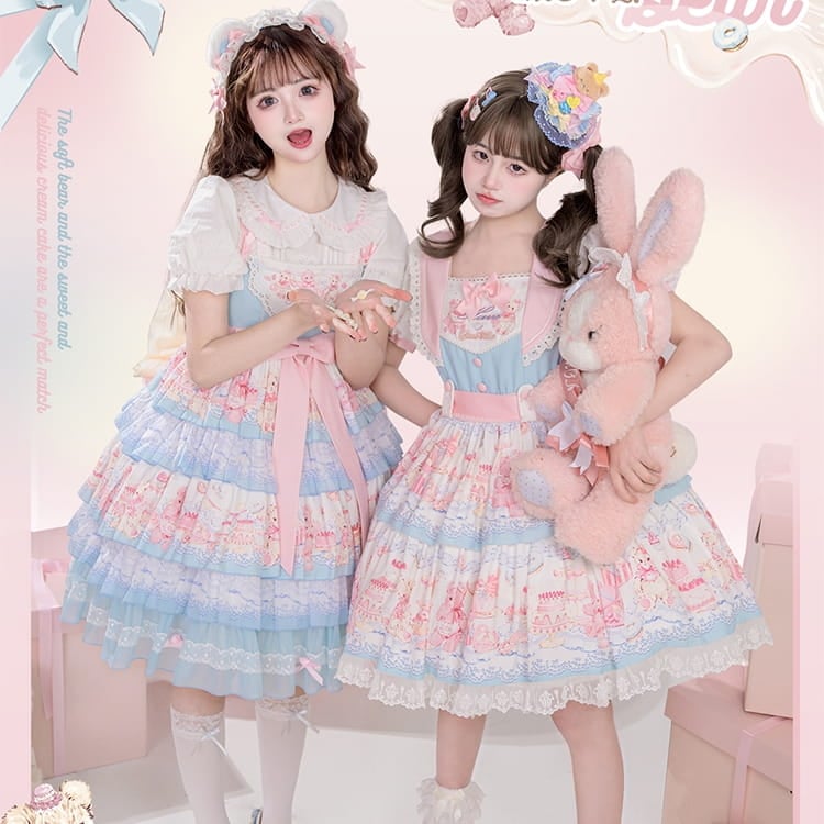 Kawaii Sweet Style Cream Bear Print Lolita Dress