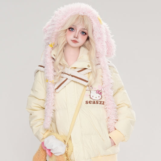 Kawaii Sweet Style Hello Kitty Print Navy Collar Coat
