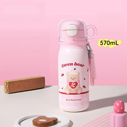 Kawaii Teddy Bear 570ml Insulated Water Bottle with Straw & Carry Strap