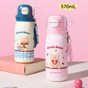 Kawaii Teddy Bear 570ml Insulated Water Bottle with Straw & Carry Strap