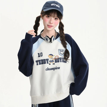 Kawaii Teddy Bear Tennis Raglan Sleeve Sweatshirt
