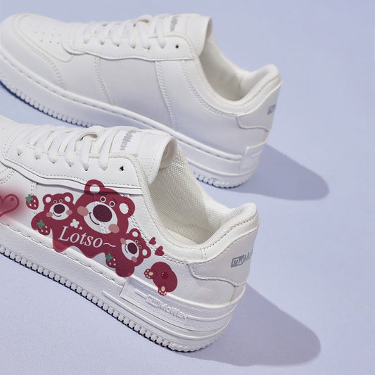 Kawaii White Cartoon Strawberry Bear Printed Sneakers