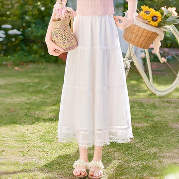 Kawaii White Lace Chiffon A-Line Maxi Skirt