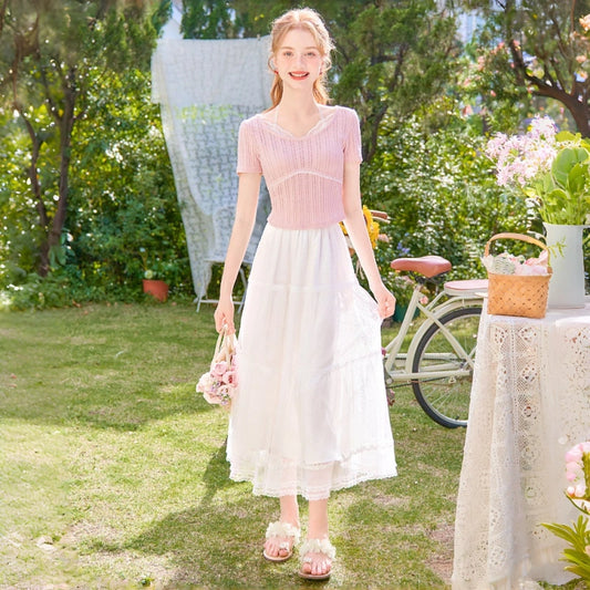 Kawaii White Lace Chiffon A-Line Maxi Skirt