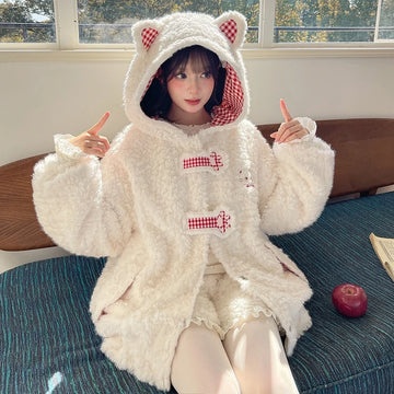 Kawaii White Plush Cat Ear Hooded Sweatshirt