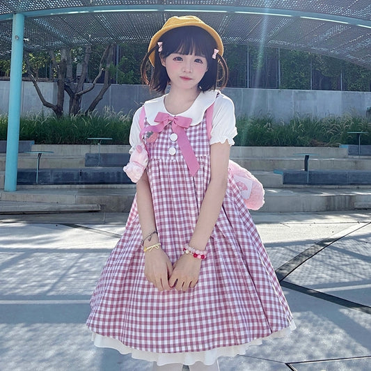 Kawaii Yellow Chicken Embroidered Plaid Dress