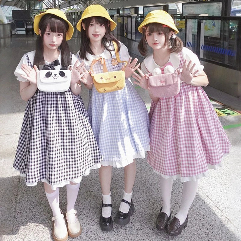 Kawaii Yellow Chicken Embroidered Plaid Dress