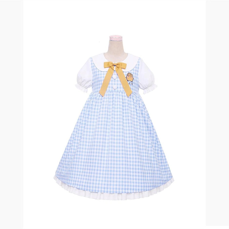 Kawaii Yellow Chicken Embroidered Plaid Dress