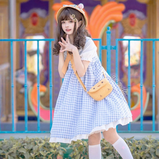 Kawaii Yellow Chicken Embroidered Plaid Dress