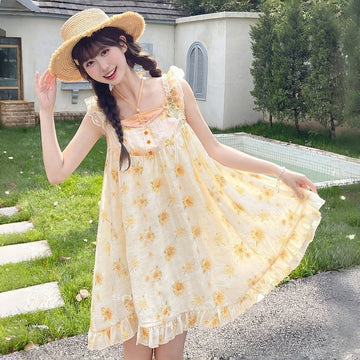 Kawaii Yellow Daisy Halter Dress