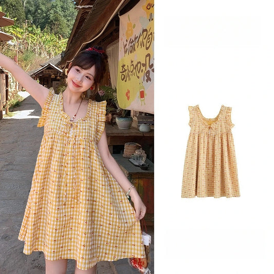 Kawaii Yellow Plaid Cherry Print Dress