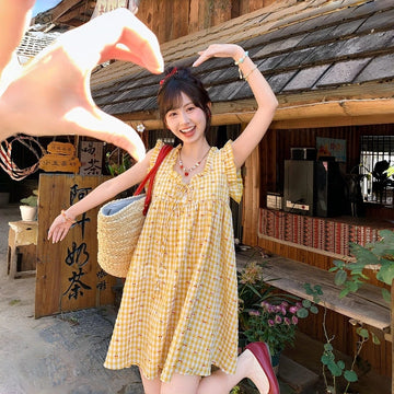 Kawaii Yellow Plaid Cherry Print Dress
