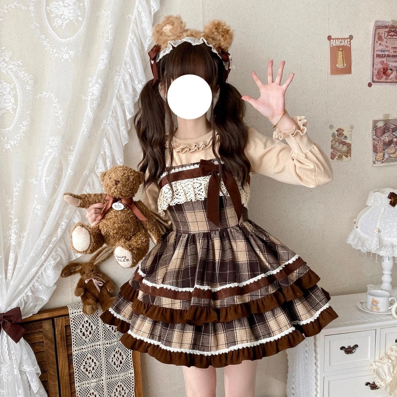 Kawaii coffee-colored plaid Lolita Dress (JSK)