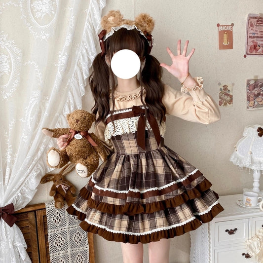 Kawaii coffee-colored plaid Lolita Dress (JSK)