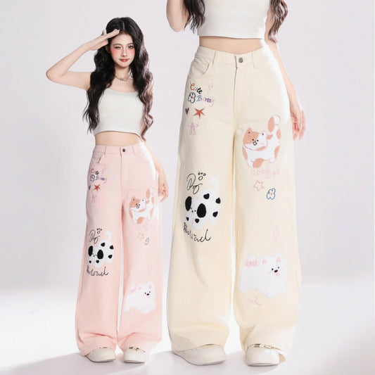Kawaii kitten embroidered jeans