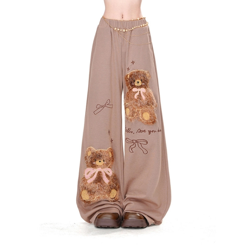 Korean Cartoon Bear Embroidered Straight Wide-leg Pants