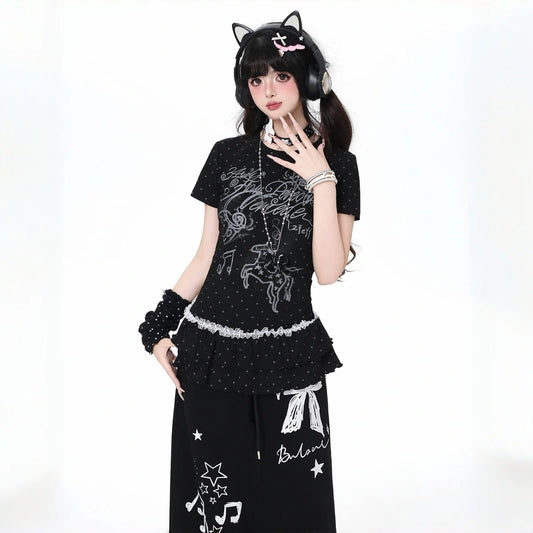 Korean Kawaii Polka Dot Ruffle Hem Slim Fit T-Shirt