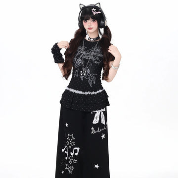 Korean Kawaii Polka Dot Ruffle Hem Slim Fit T-Shirt