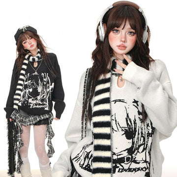 Korean Lazy Style Simulated Line Comic Girl printed Sweater