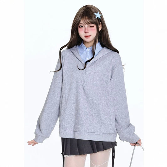 Korean Preppy Style Fake Two-Piece Hooded Sweatshirt