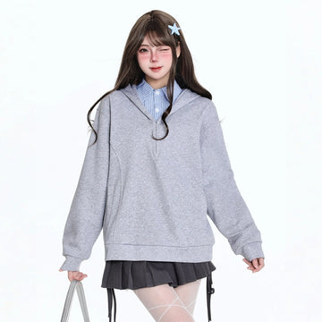 Korean Preppy Style Fake Two-Piece Hooded Sweatshirt