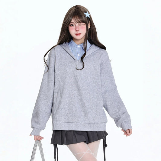 Korean Preppy Style Fake Two-Piece Hooded Sweatshirt