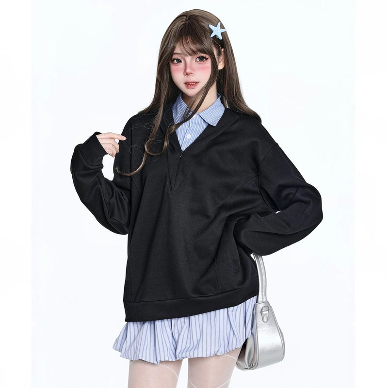 Korean Preppy Style Fake Two-Piece Hooded Sweatshirt